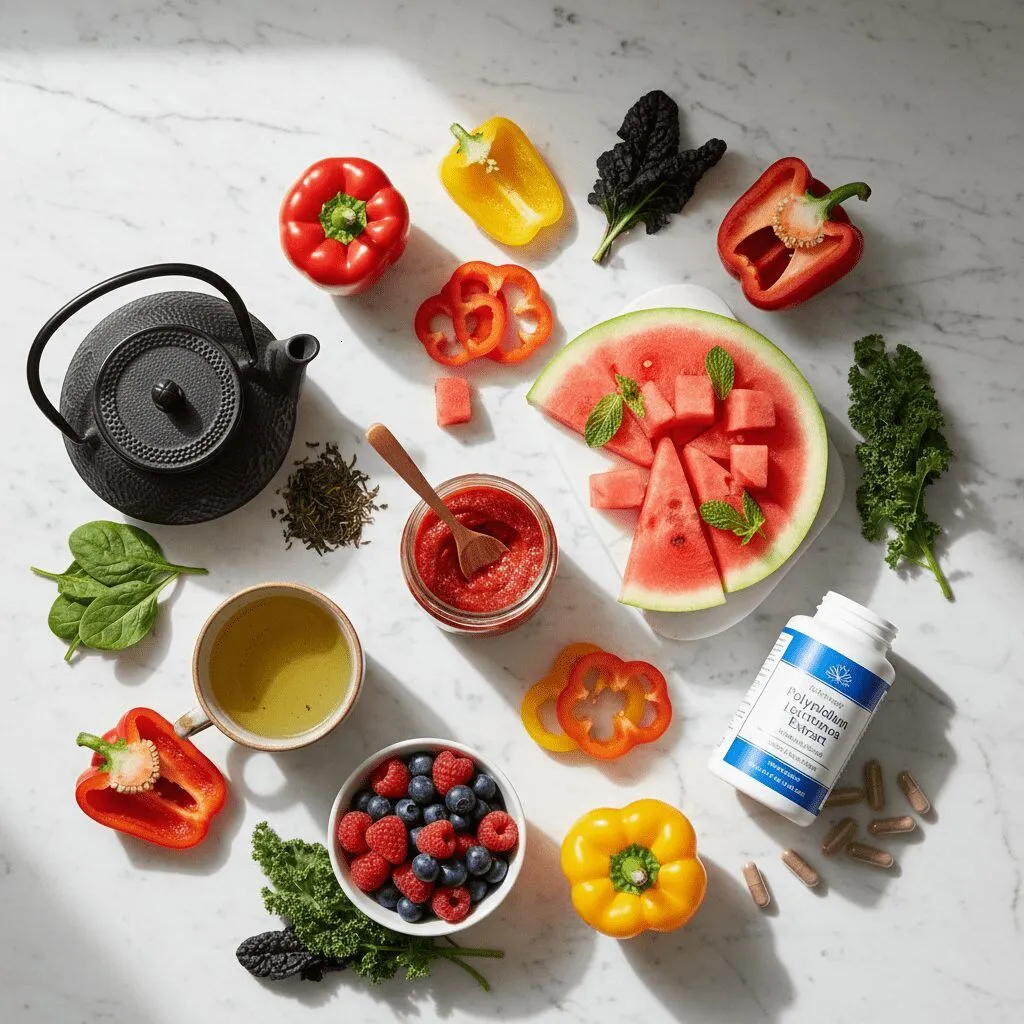 A flat-lay photograph of sun-protective foods including tomato paste, watermelon, green tea, and a bottle of Polypodium Leucotomos supplements, arranged aesthetically on a marble surface.