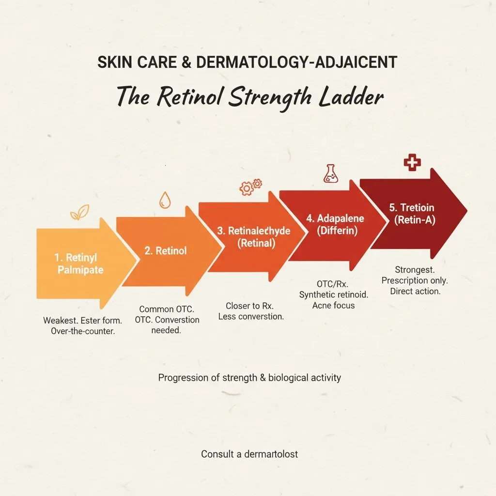 The 'Retinol Strength Ladder' visual, showing the progression from Retinyl Palmitate -> Retinol -> Retinaldehyde -> Adapalene -> Tretinoin.