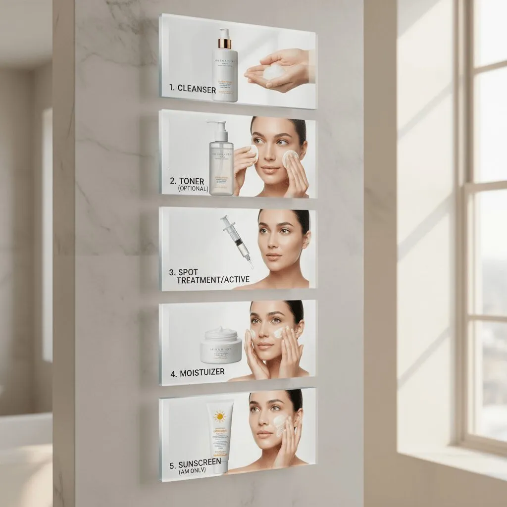 A step-by-step visual chart showing the layering order: 1. Cleanser, 2. Toner (Optional), 3. Spot Treatment/Active, 4. Moisturizer, 5. Sunscreen (AM only).