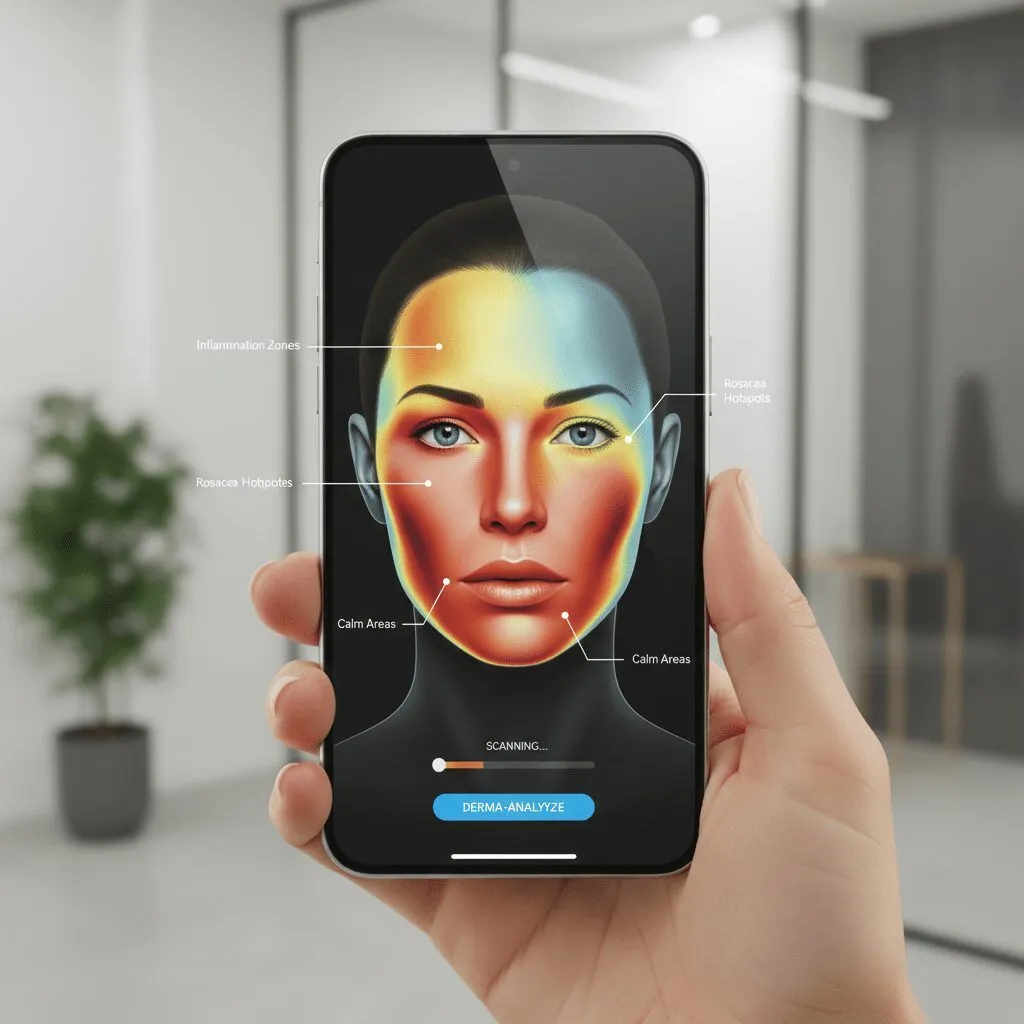 A close-up graphic of a smartphone screen scanning a user's face, highlighting specific zones with heat-map colors indicating inflammation levels