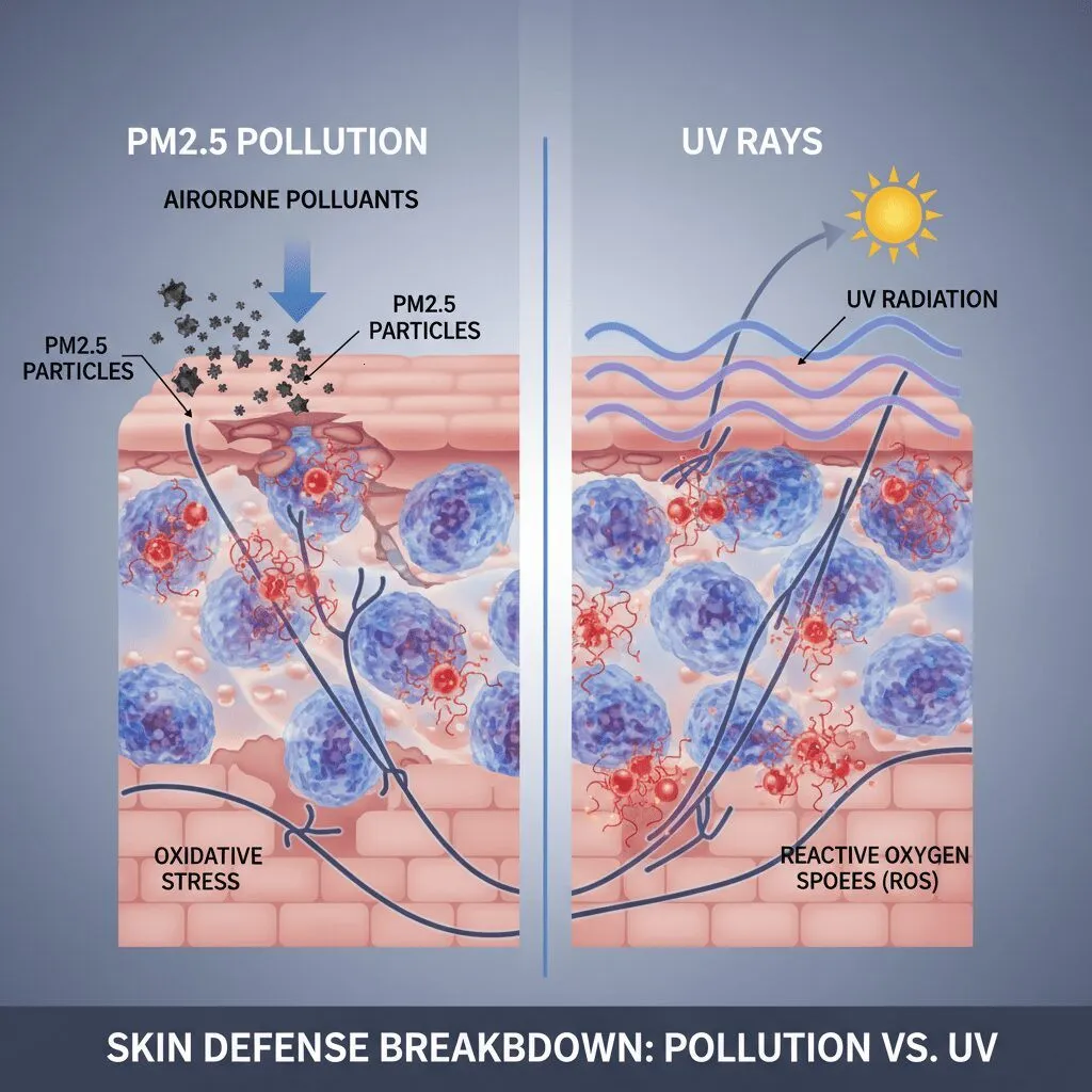 Diagram illustrating how PM2.5 pollution particles penetrate the skin barrier and cause oxidative stress compared to UV rays.
