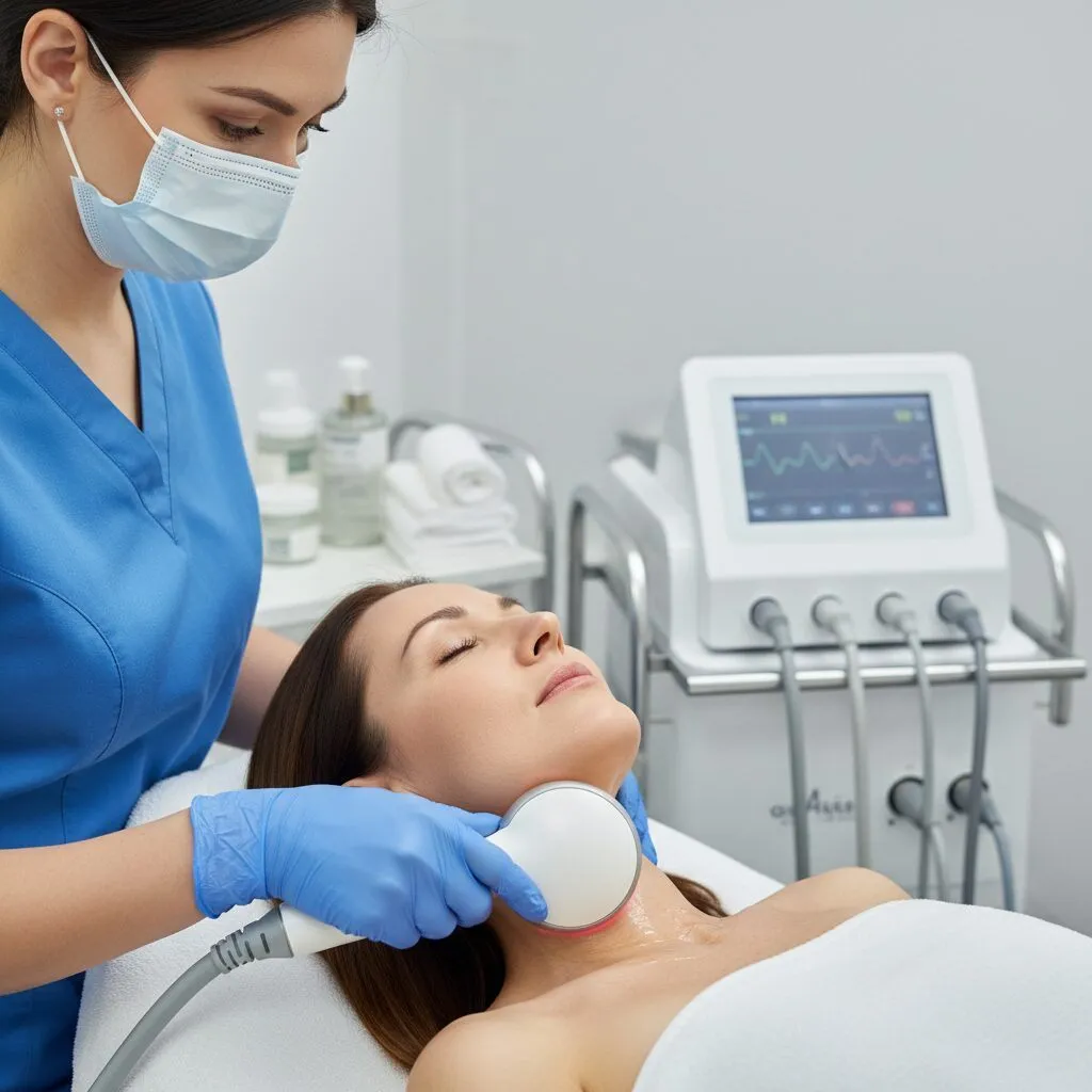 A patient receiving a non-surgical radiofrequency treatment on the neck area in a clinical setting. Alt text: doctor performing radiofrequency skin tightening procedure on a woman's neck