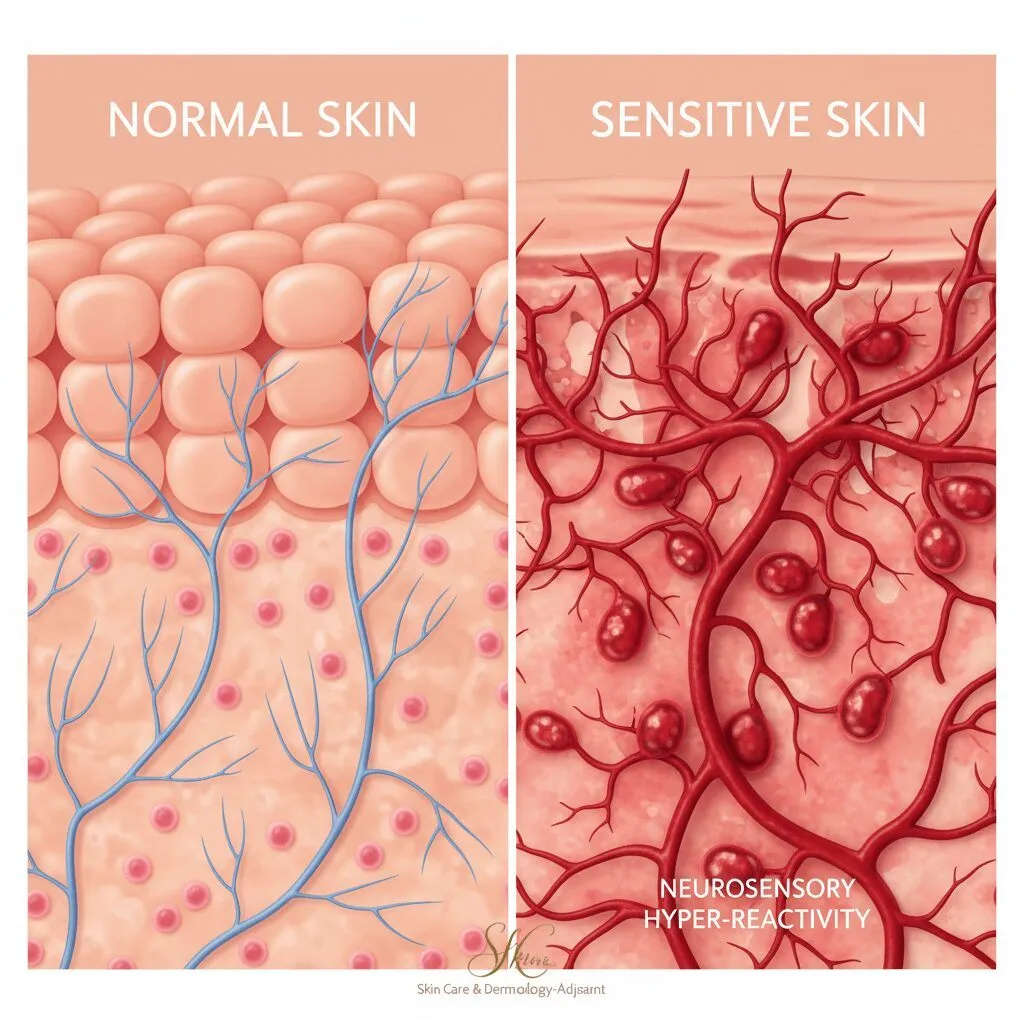 A split-screen comparison illustration showing 'Normal Skin' with healthy nerve endings vs. 'Sensitive Skin' with overactive, branching nerve endings and dilated capillaries, labeled 'Neurosensory Hyper-Reactivity'