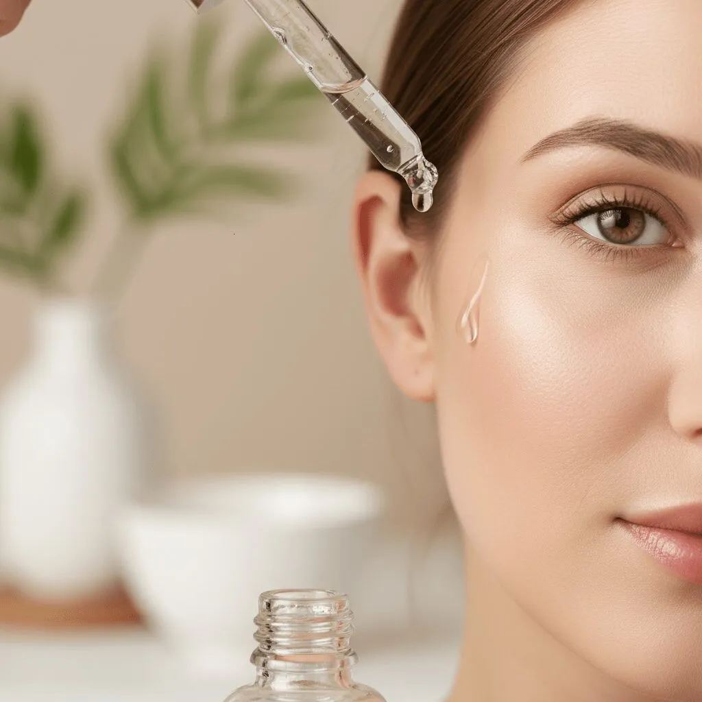 A close-up, high-quality shot of a dropper dispensing a clear, viscous serum onto a woman's cheek, highlighting the texture and clarity of the liquid.