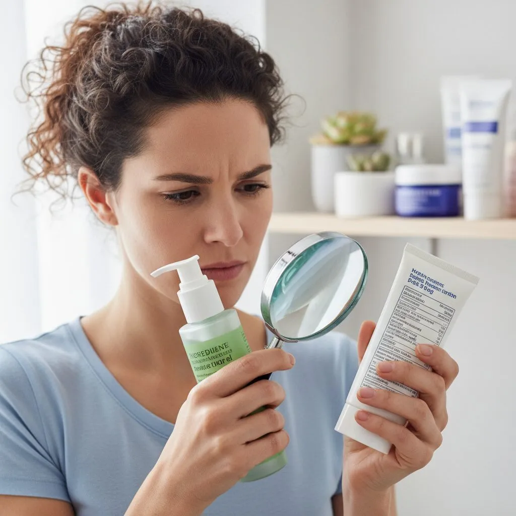 A close-up photo of a woman holding two different moisturizer bottles, looking at the ingredient labels with a magnifying glass. The background is a blurred bathroom shelf.