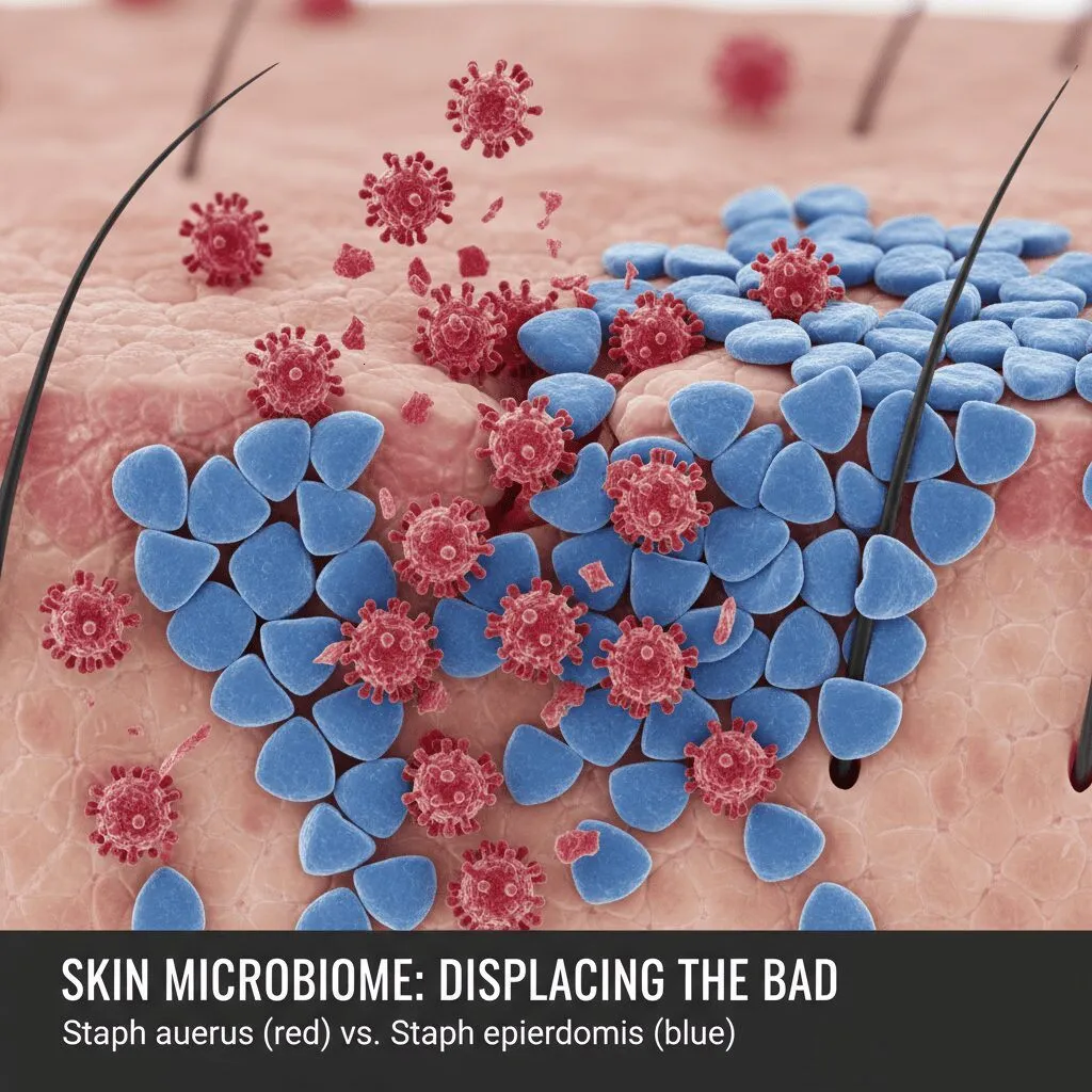 Visual representation of the skin microbiome. "Bad" bacteria (Staph aureus) are depicted as red spiky spheres being displaced by "Good" bacteria (Staph epidermidis) depicted as blue shields.