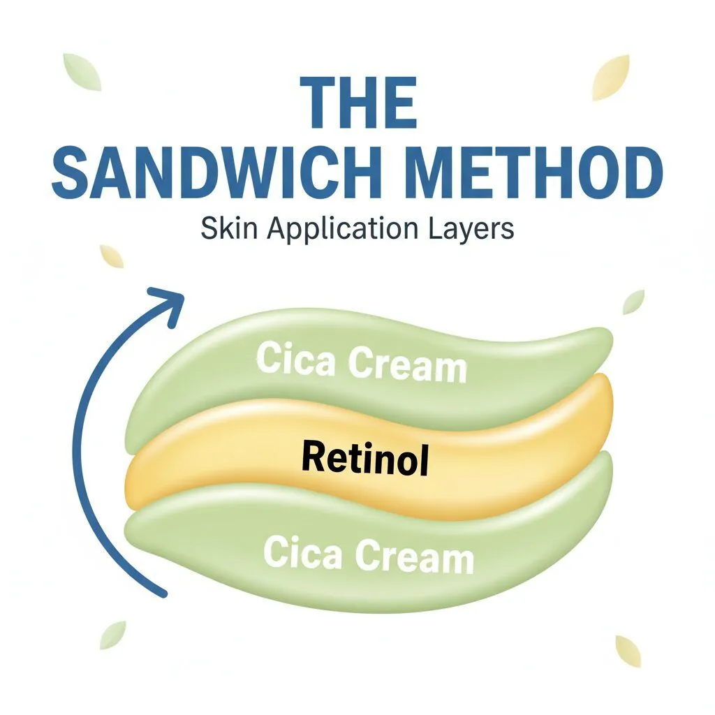 An infographic illustration showing three layers of skin application: Cica Cream (bottom), Retinol (middle), and Cica Cream (top), labeled 'The Sandwich Method'.