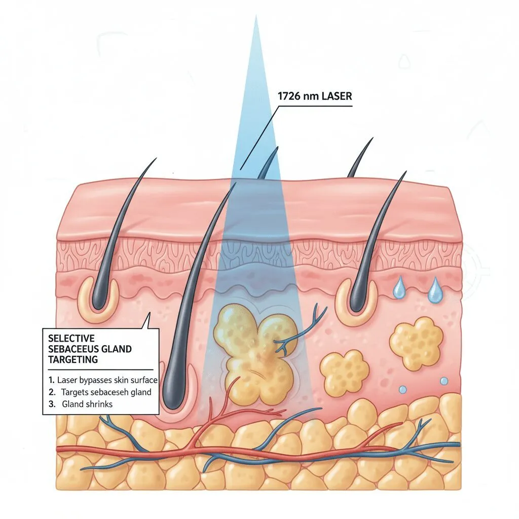 A medical illustration showing how a 1726 nm laser beam bypasses the skin surface to selectively target and shrink the sebaceous gland.