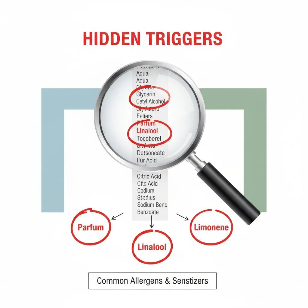 An infographic style image showing a magnifying glass hovering over an ingredient list. The words 'Parfum', 'Linalool', and 'Limonene' are highlighted in bright red to show they are hidden triggers.