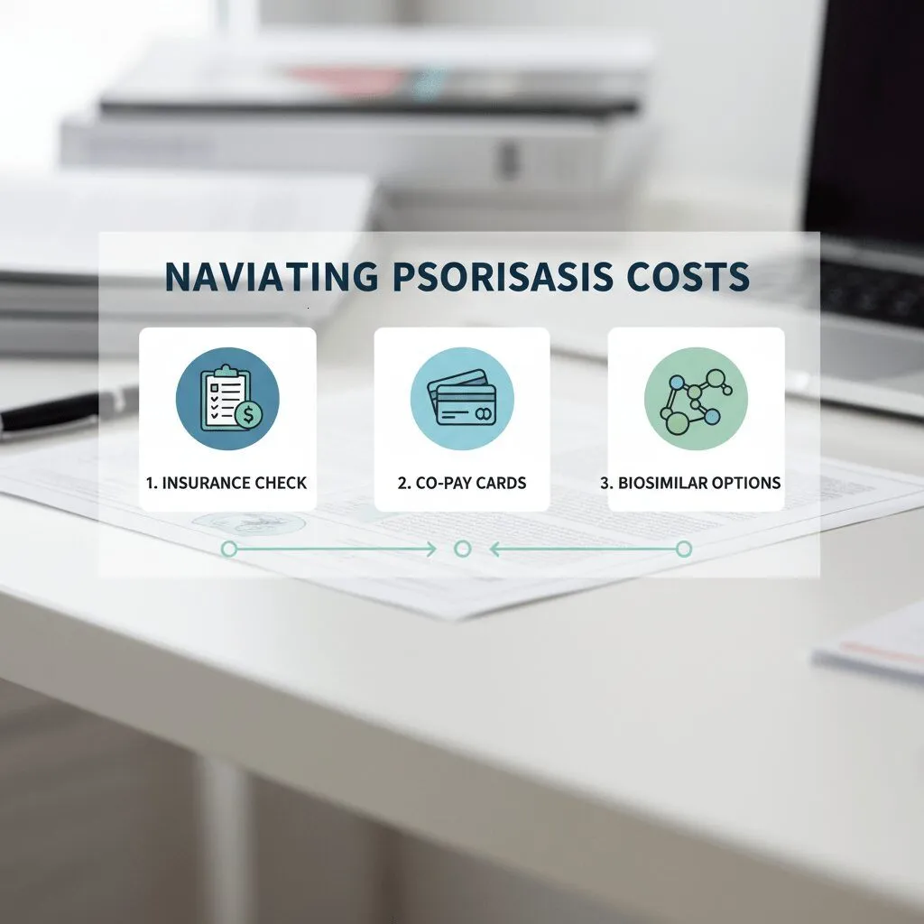 A step-by-step visual guide titled 'Navigating Psoriasis Costs', showing icons for Insurance Check, Co-pay Cards, and Biosimilar Options.