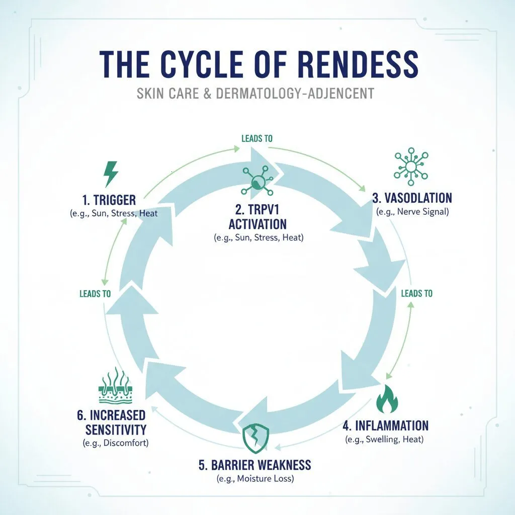 Infographic titled 'The Cycle of Redness' showing the loop: Trigger -> TRPV1 Activation -> Vasodilation (Redness) -> Inflammation -> Barrier Weakness -> Increased Sensitivity -> Back to Trigger
