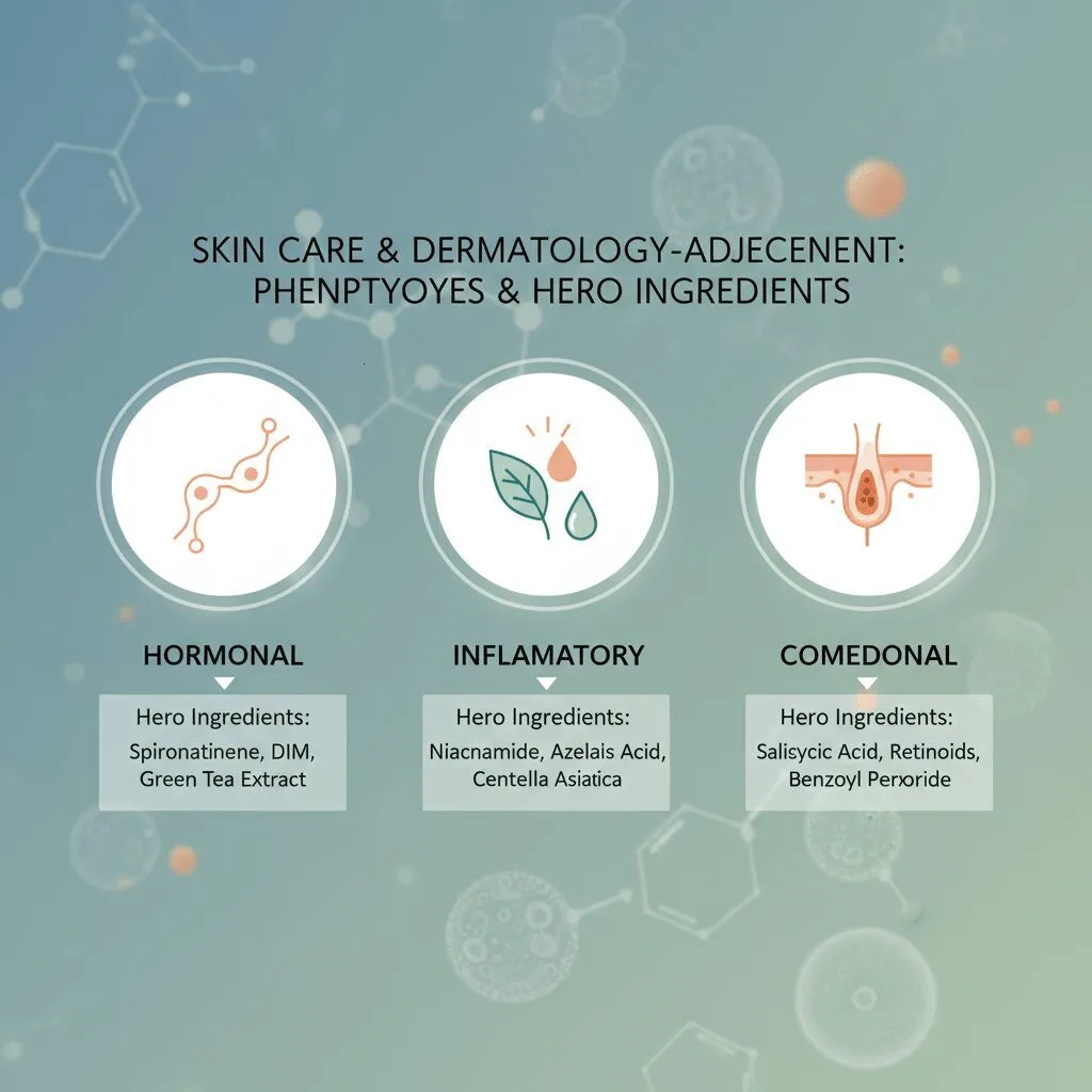 An infographic illustrating the three phenotypes (Hormonal, Inflammatory, Comedonal) with arrows pointing to their specific "Hero Ingredients" as described in the text