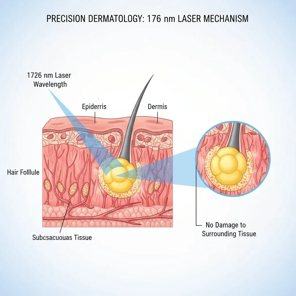 A diagram showing how the 1726 nm laser wavelength penetrates the skin layers to specifically target the sebaceous gland without damaging the surrounding tissue