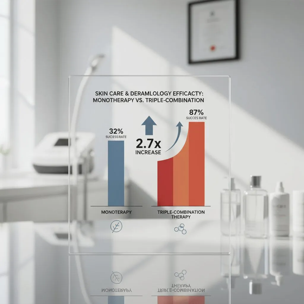 A chart comparing the efficacy of monotherapy (single ingredient) versus triple-combination therapy, showing the spike in success rates for the triple combo.