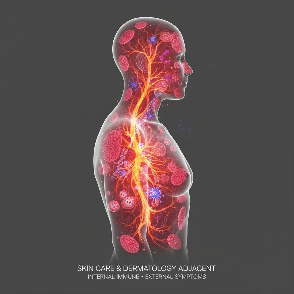 A conceptual illustration showing a human silhouette with highlighted inflammatory pathways, symbolizing the internal immune system connection to external skin symptoms.