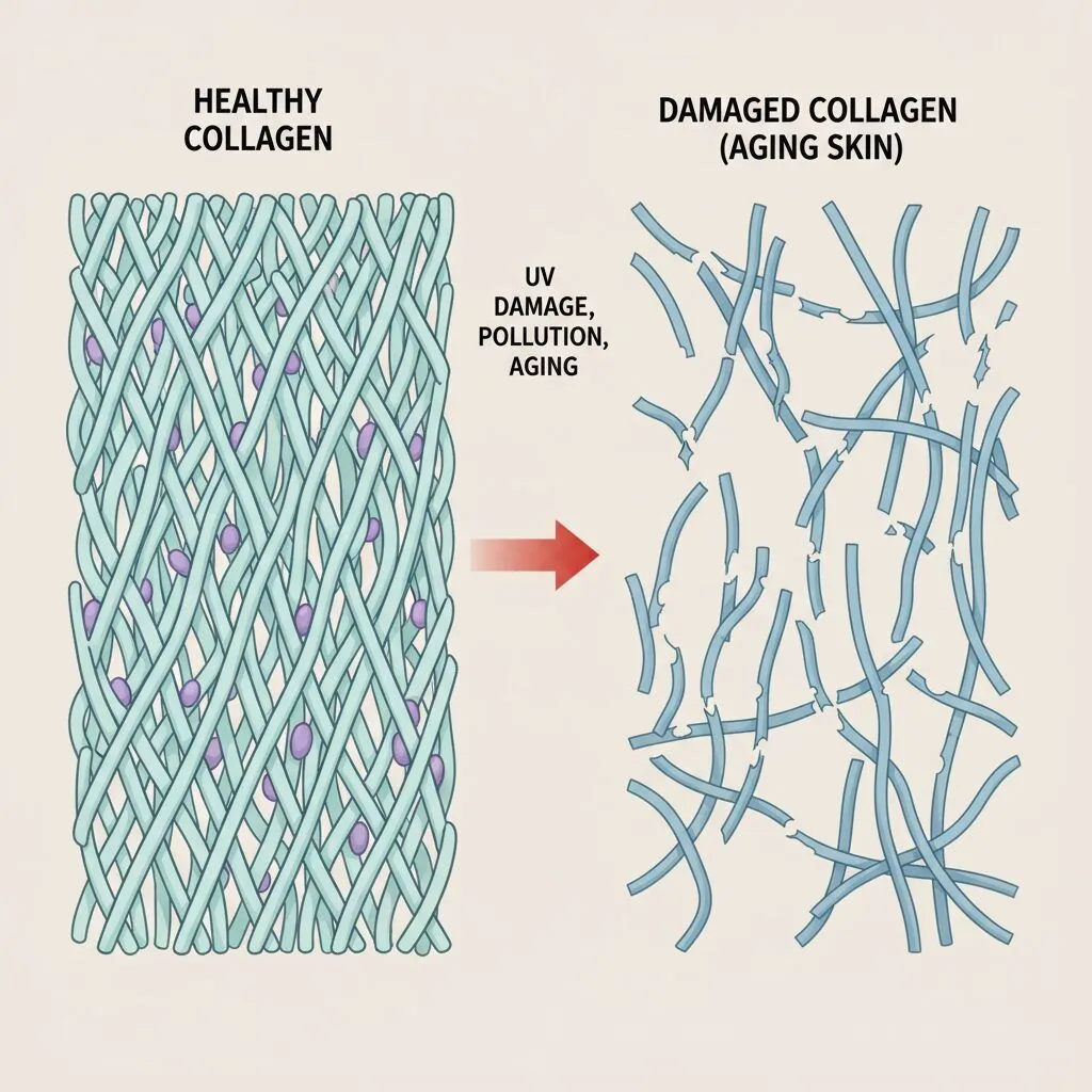 Diagram showing the difference between healthy collagen fibers and damaged collagen fibers in human skin. Alt text: illustration comparing tight collagen networks versus loose fragmented collagen in aging skin