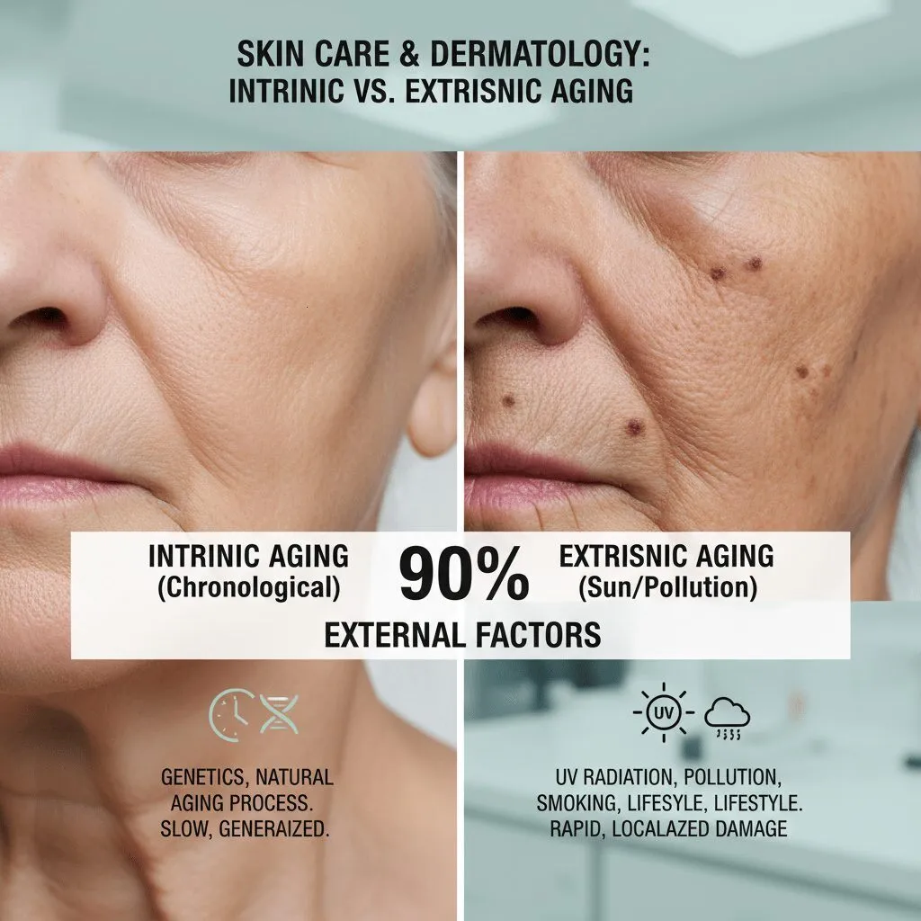 A split-screen comparison graphic showing 'Intrinsic Aging' (Chronological) vs 'Extrinsic Aging' (Sun/Pollution), highlighting the 90% external factor.