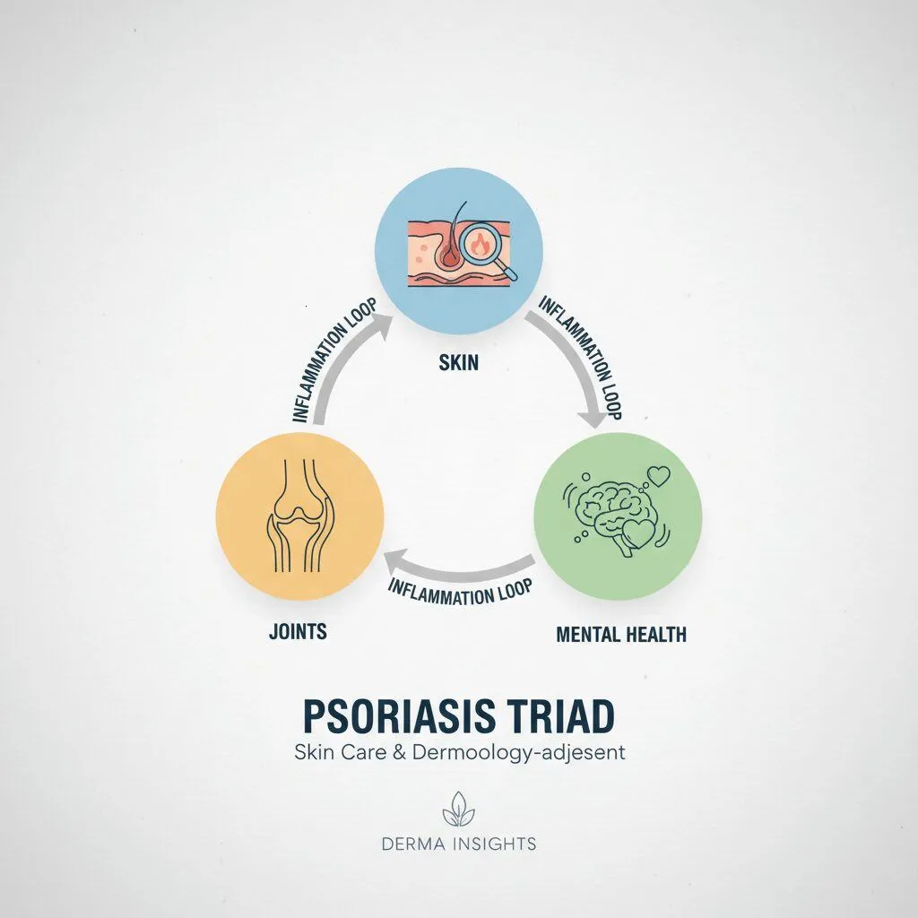 An infographic displaying the 'Psoriasis Triad' with icons representing Skin, Joints, and Mental Health, interconnected by arrows labeled 'Inflammation Loop'.