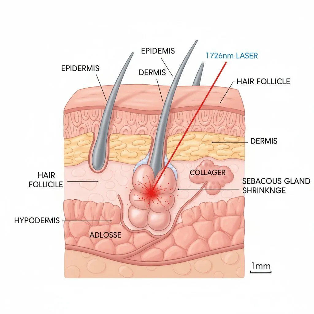 A detailed medical illustration showing a cross-section of human skin. A laser beam at 1726nm penetrates the dermis, bypassing the surface, and specifically heating the sebaceous gland, causing it to shrink.