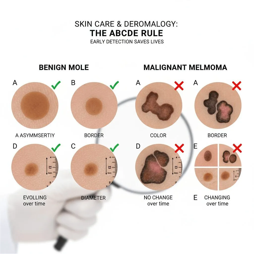 A comparative visual guide showing benign moles vs. malignant melanoma examples using the ABCDE rule