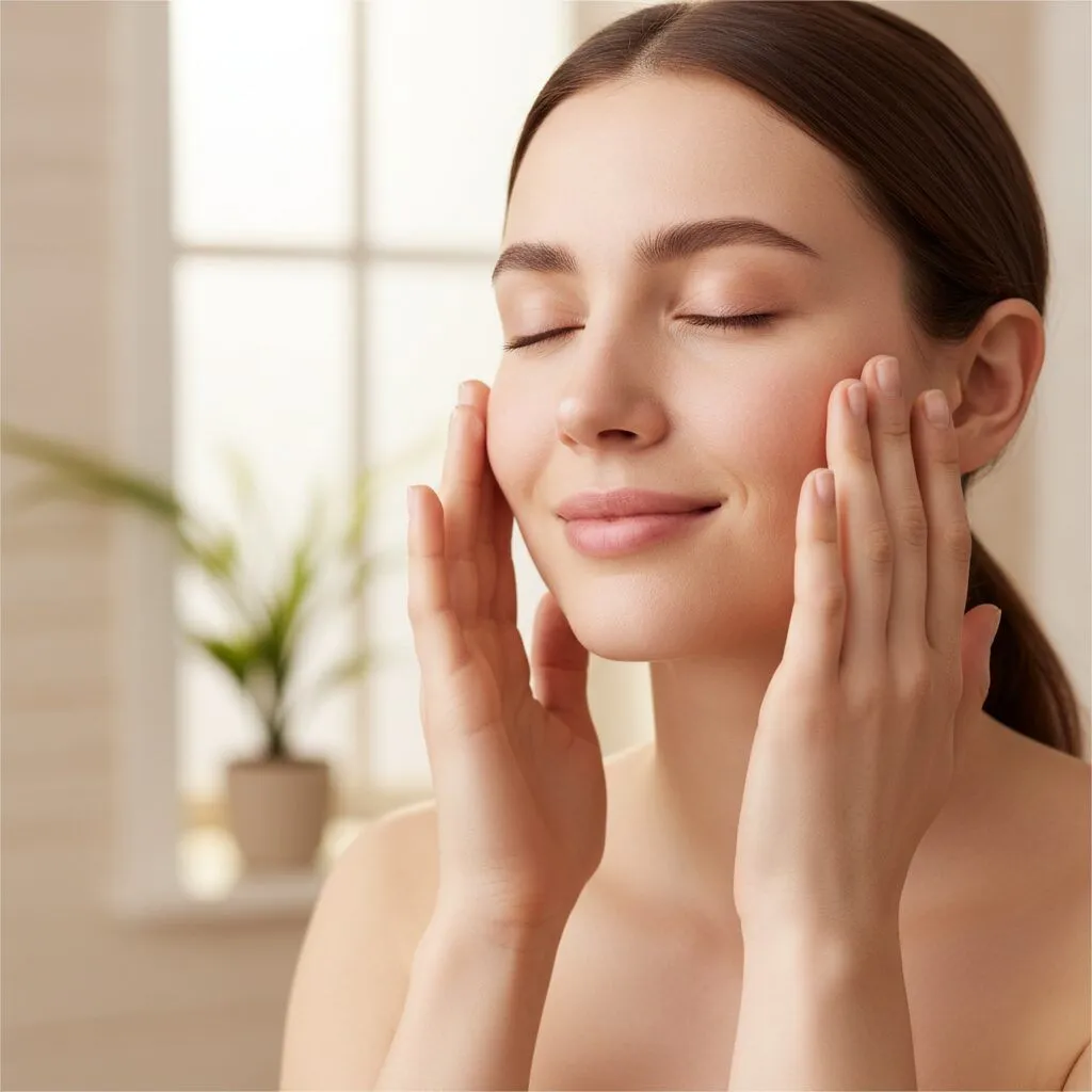 A woman with sensitive skin demonstrating the 'patting' technique, gently pressing her palms against her cheeks rather than rubbing.