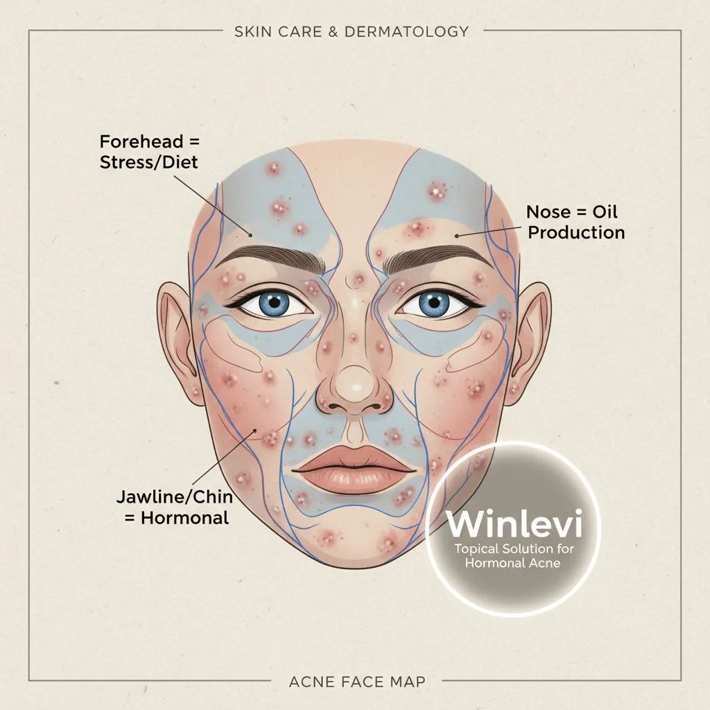 An acne face map illustration. Text overlays indicate: Forehead = Stress/Diet, Nose = Oil Production, Jawline/Chin = Hormonal. Highlighting Winlevi for the Jawline area.