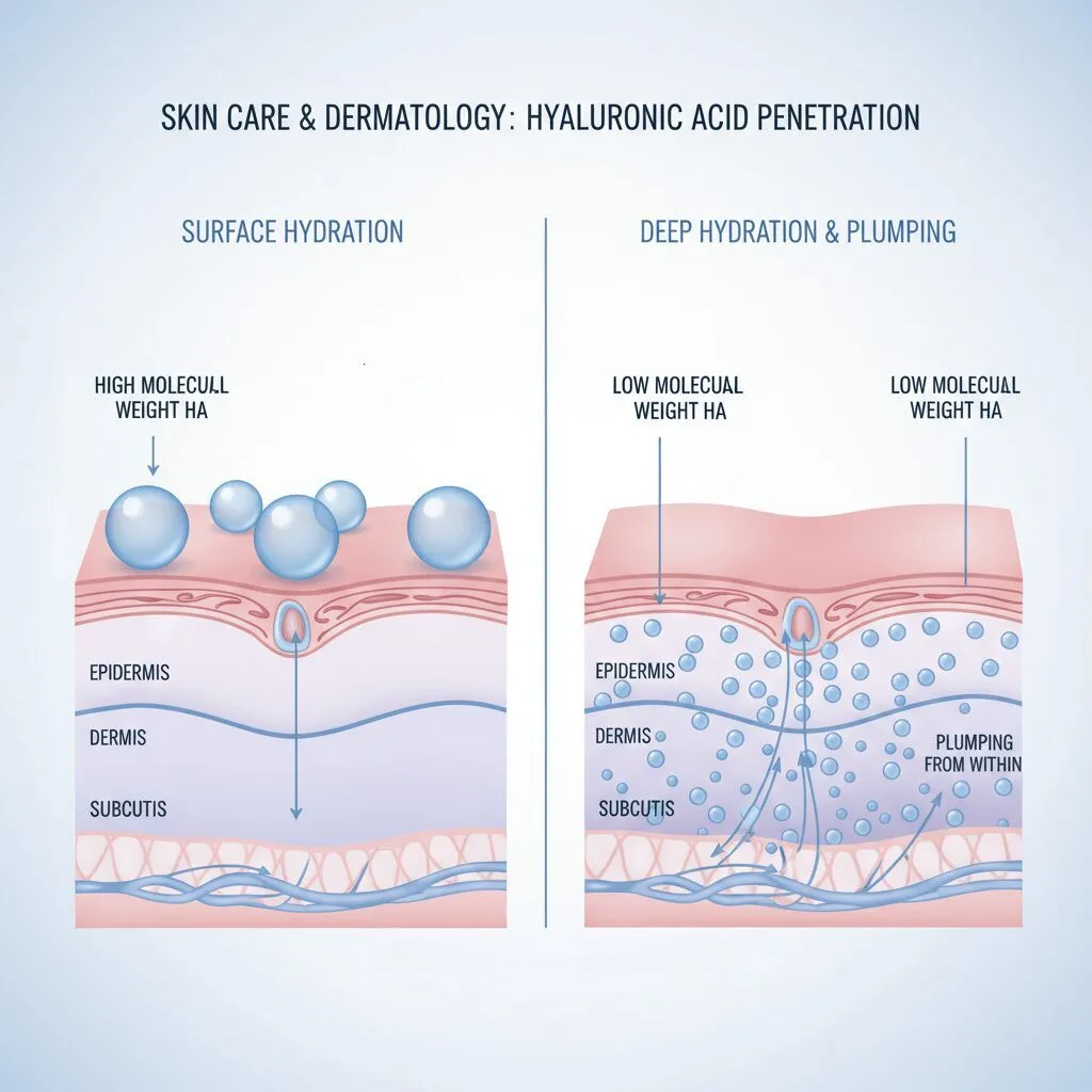 An infographic comparing skin layers. On the left, large blue spheres (High Molecular Weight HA) sit on the surface. On the right, tiny blue spheres (Low Molecular Weight HA) penetrate deep into the dermis, plumping the skin from within.
