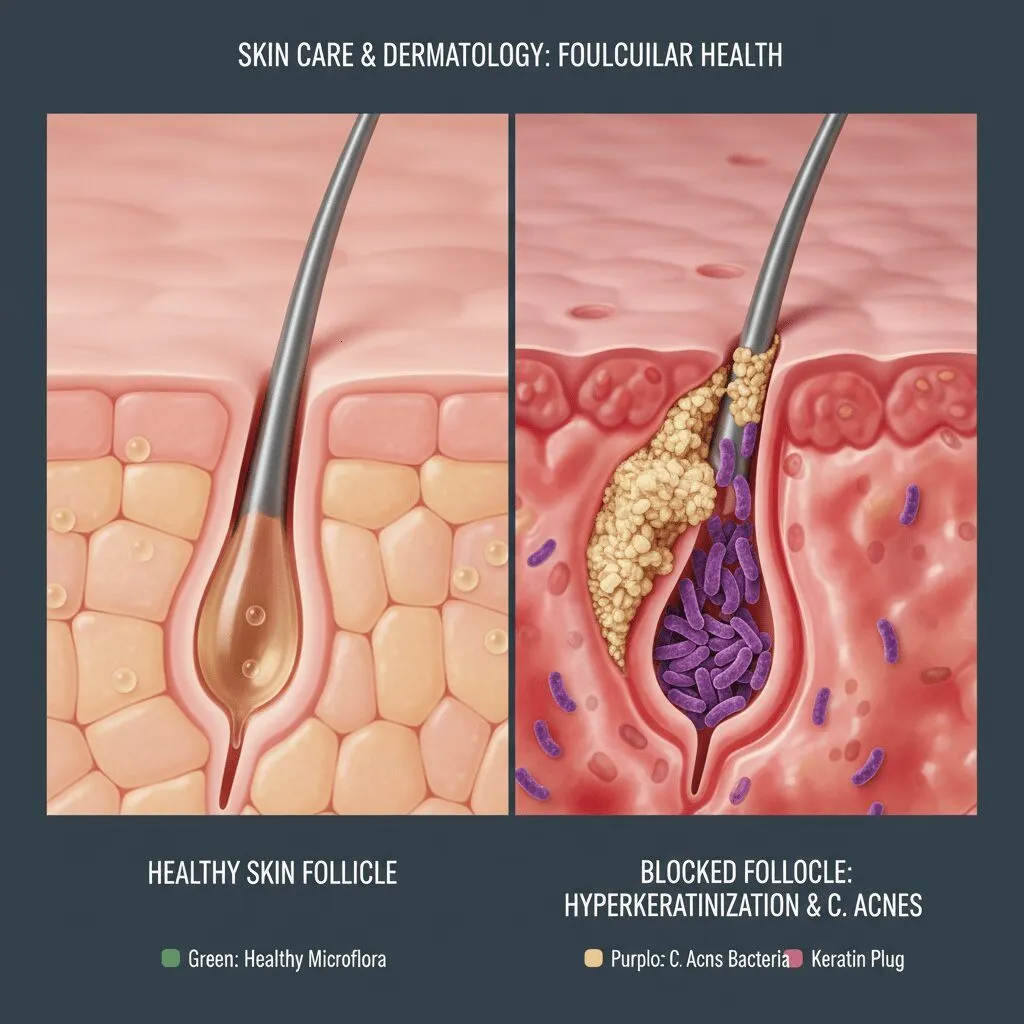 A split-screen infographic showing the difference between healthy skin follicles and follicles blocked by hyperkeratinization and C. acnes bacteria.