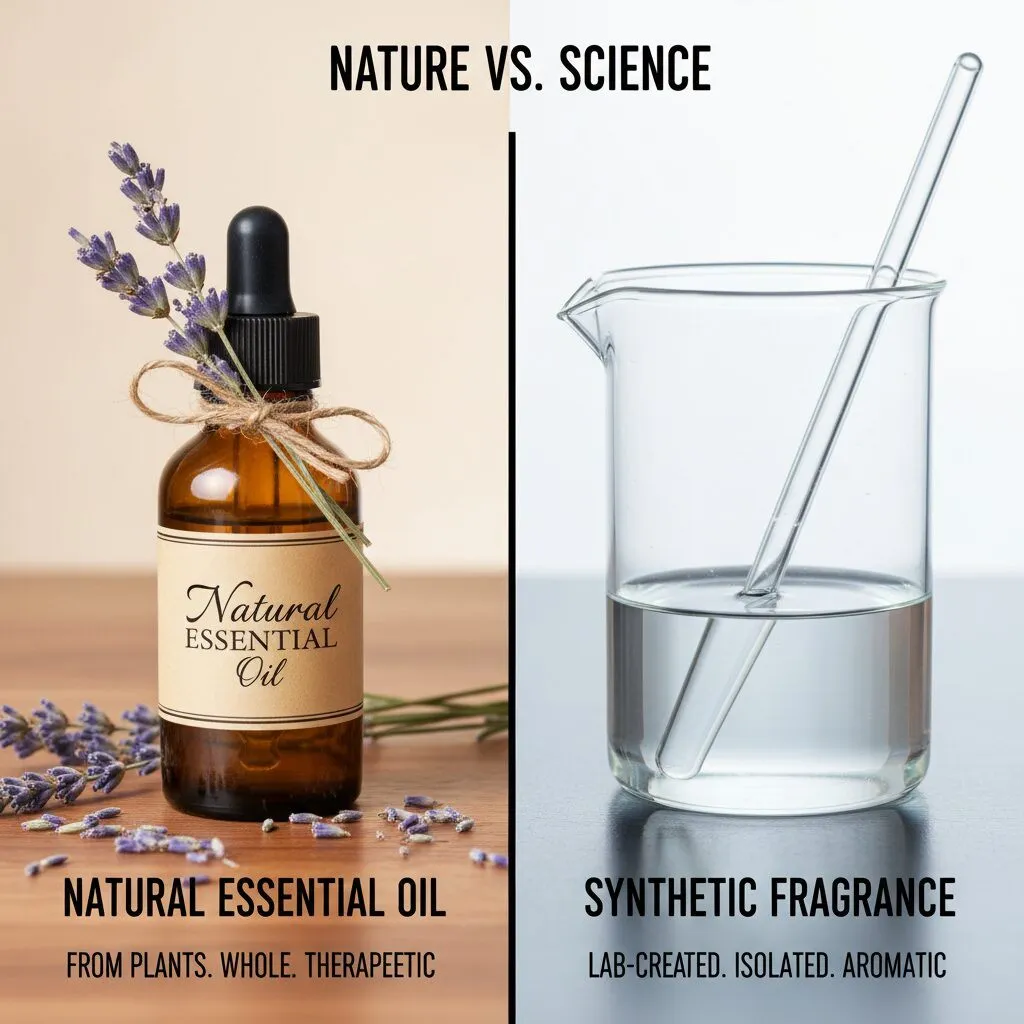 A side-by-side comparison chart on a wooden table. On the left is a bottle of essential oil with lavender flowers. On the right is a laboratory beaker with clear liquid representing synthetic fragrance.