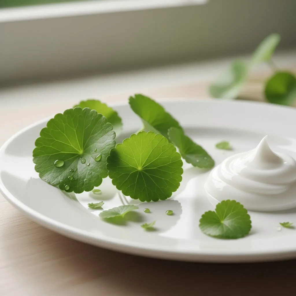 Close-up photo of fresh Centella Asiatica leaves next to a dollop of white cream on a clean surface, emphasizing natural ingredients.