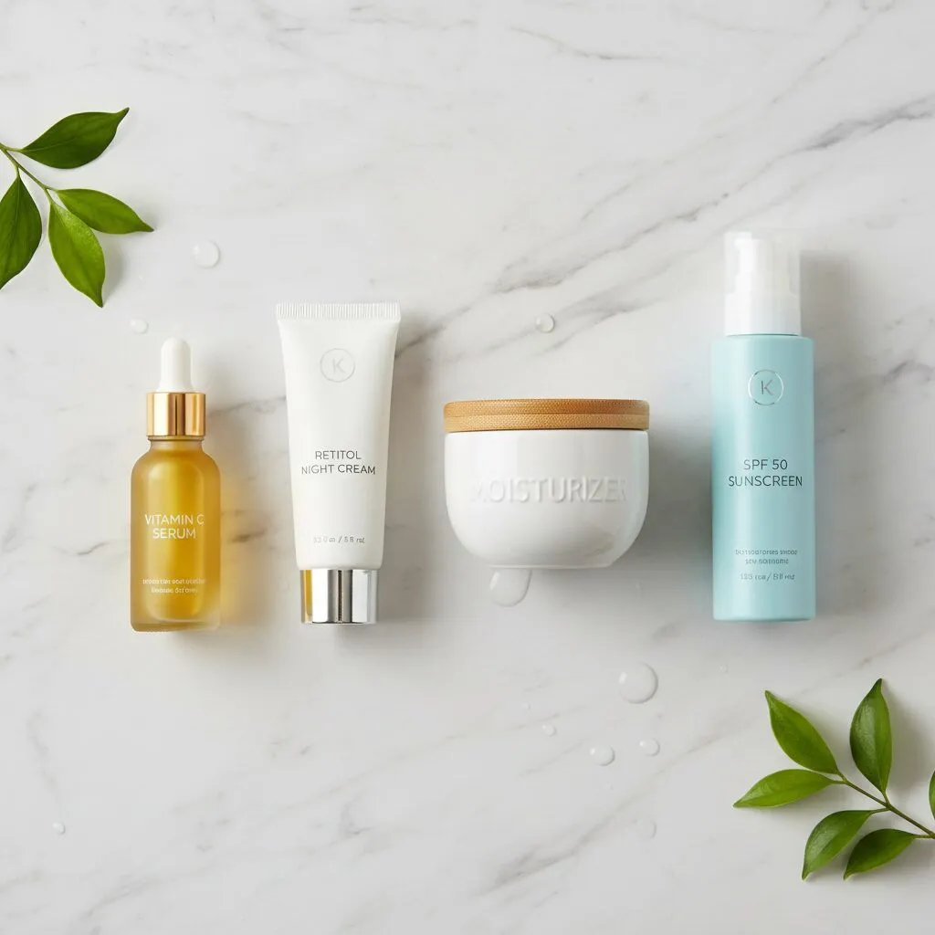 A flat-lay photo of a skincare routine on a marble surface. It shows a bottle of Vitamin C, a tube of Retinol, a moisturizer jar, and a sunscreen bottle arranged in order of use.