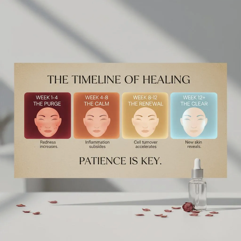 A timeline graphic titled "The Timeline of Healing." Week 1-4: The Purge (Redness increases). Week 4-8: The Calm (Inflammation subsides). Week 12: The Clear (New skin reveals). Emphasizing patience.