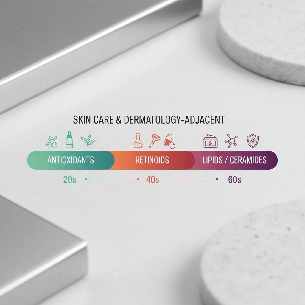 A timeline chart showing skincare priorities by decade: 20s (Antioxidants), 40s (Retinoids), 60s (Lipids/Ceramides).