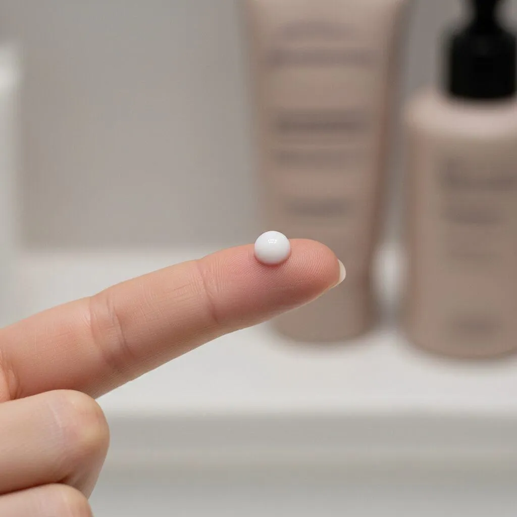 A person's fingertip showing a small, white, pea-sized dot of cream, illustrating the correct amount of retinol to use. Alt text: The correct pea-sized amount of retinol cream on a finger.