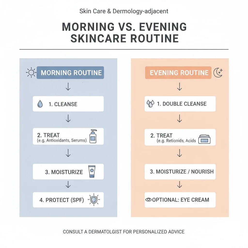 A step-by-step flowchart of the Morning vs. Evening routine, using icons for Sun, Moon, Droplet, and Shield.