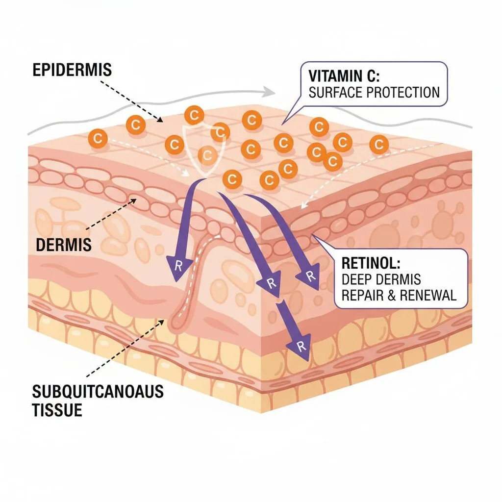 A close-up infographic illustration showing the layers of the skin. It depicts Vitamin C staying on the surface layer for protection and Retinol penetrating deep into the dermis for repair.