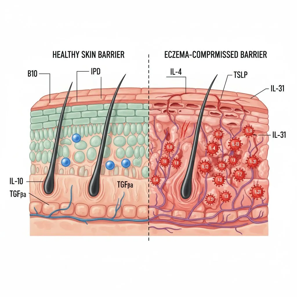 A modern, clean medical illustration showing the cross-section of skin, highlighting the difference between a healthy skin barrier and one compromised by eczema, with key cytokines labeled.