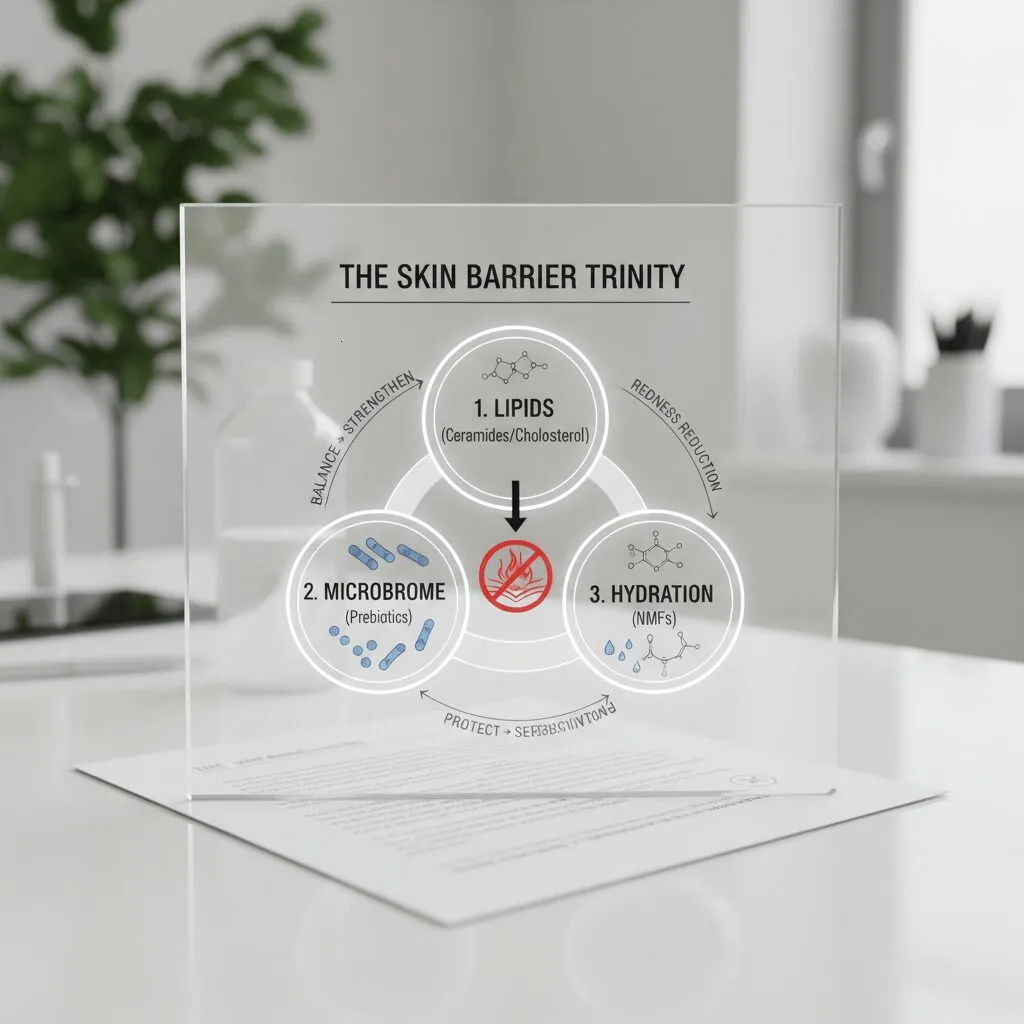Chart showing 'The Skin Barrier Trinity': 1. Lipids (Ceramides/Cholesterol), 2. Microbiome (Prebiotics), 3. Hydration (NMFs). Arrows show how all three must be balanced to stop redness.