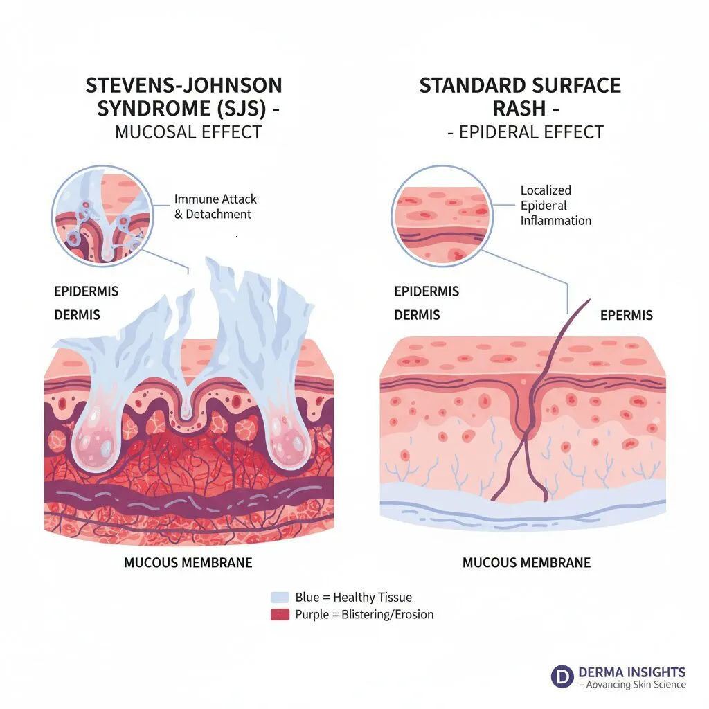 Conceptual illustration of skin layers showing where SJS affects the mucous membranes compared to a standard surface rash