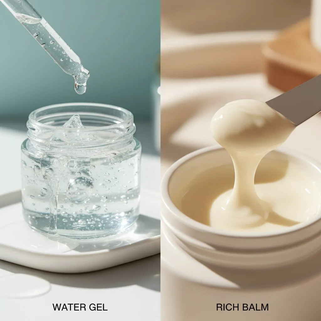 A side-by-side comparison of two product textures: a clear, watery gel on the left and a thick, rich white balm on the right.