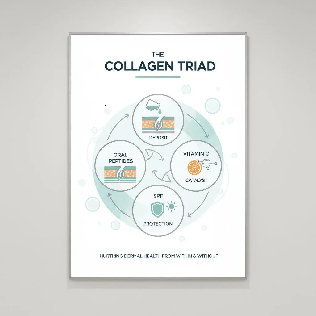A infographic showing the 'Collagen Triad': Oral Peptides (Deposit), Vitamin C (Catalyst), and SPF (Protection).
