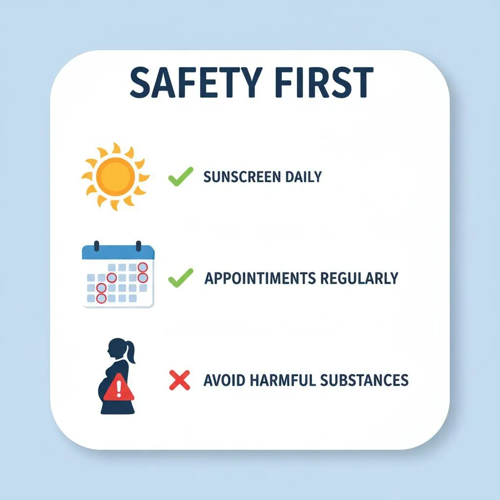 A simple checklist graphic titled 'Safety First' showing icons for a sun, a calendar (marked every other day), and a pregnant woman with a caution sign, illustrating the safety precautions.