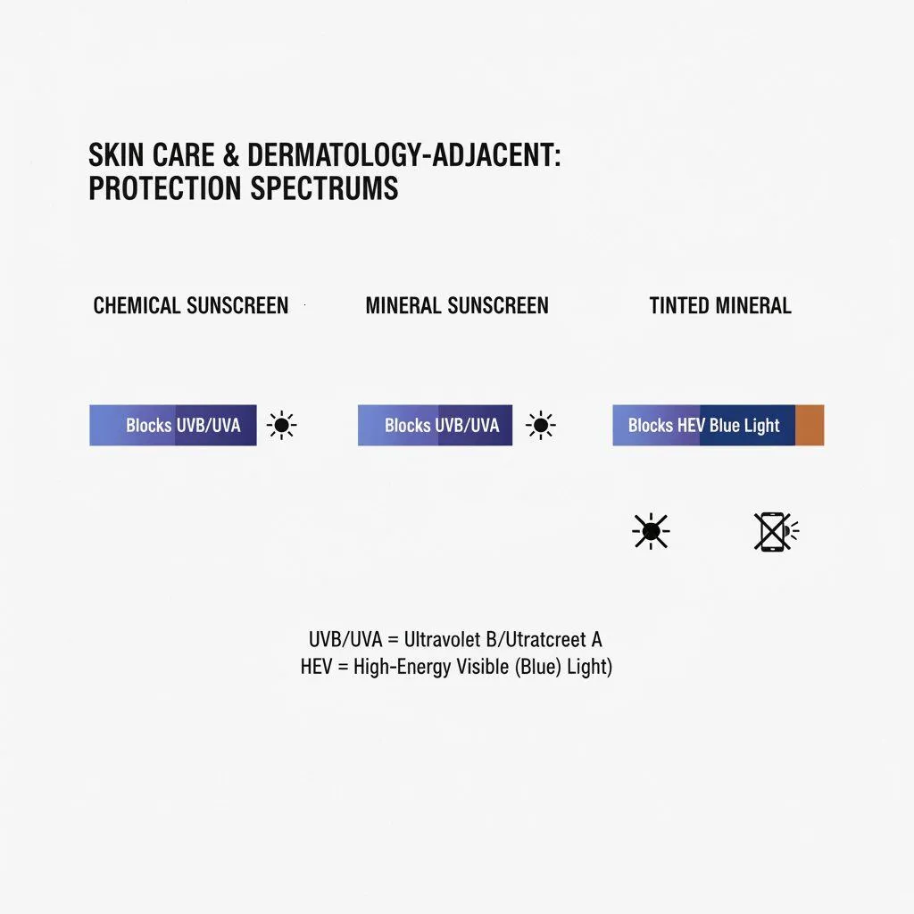 Comparison of Protection Spectrums. Column 1: Chemical Sunscreen (Blocks UVB/UVA). Column 2: Mineral Sunscreen (Blocks UVB/UVA). Column 3: Tinted Mineral (Blocks UVB/UVA + HEV Blue Light).
