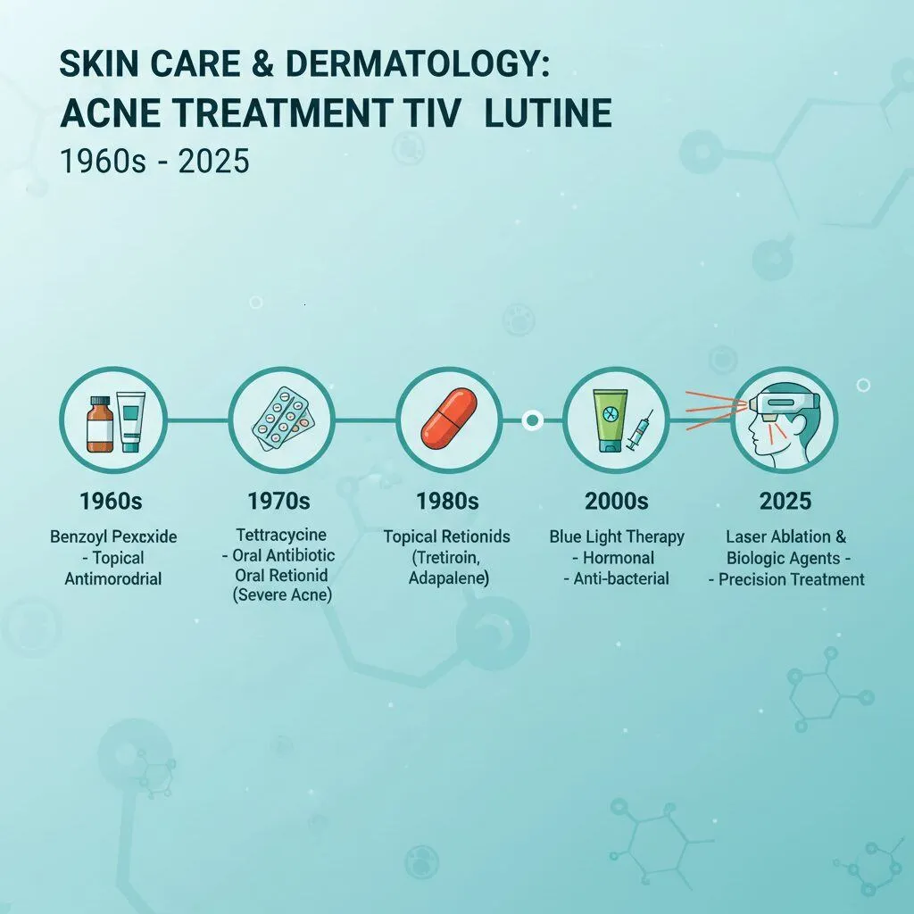 Infographic showing the timeline of acne treatments from 1960s Benzoyl Peroxide to 2025 Laser Ablation
