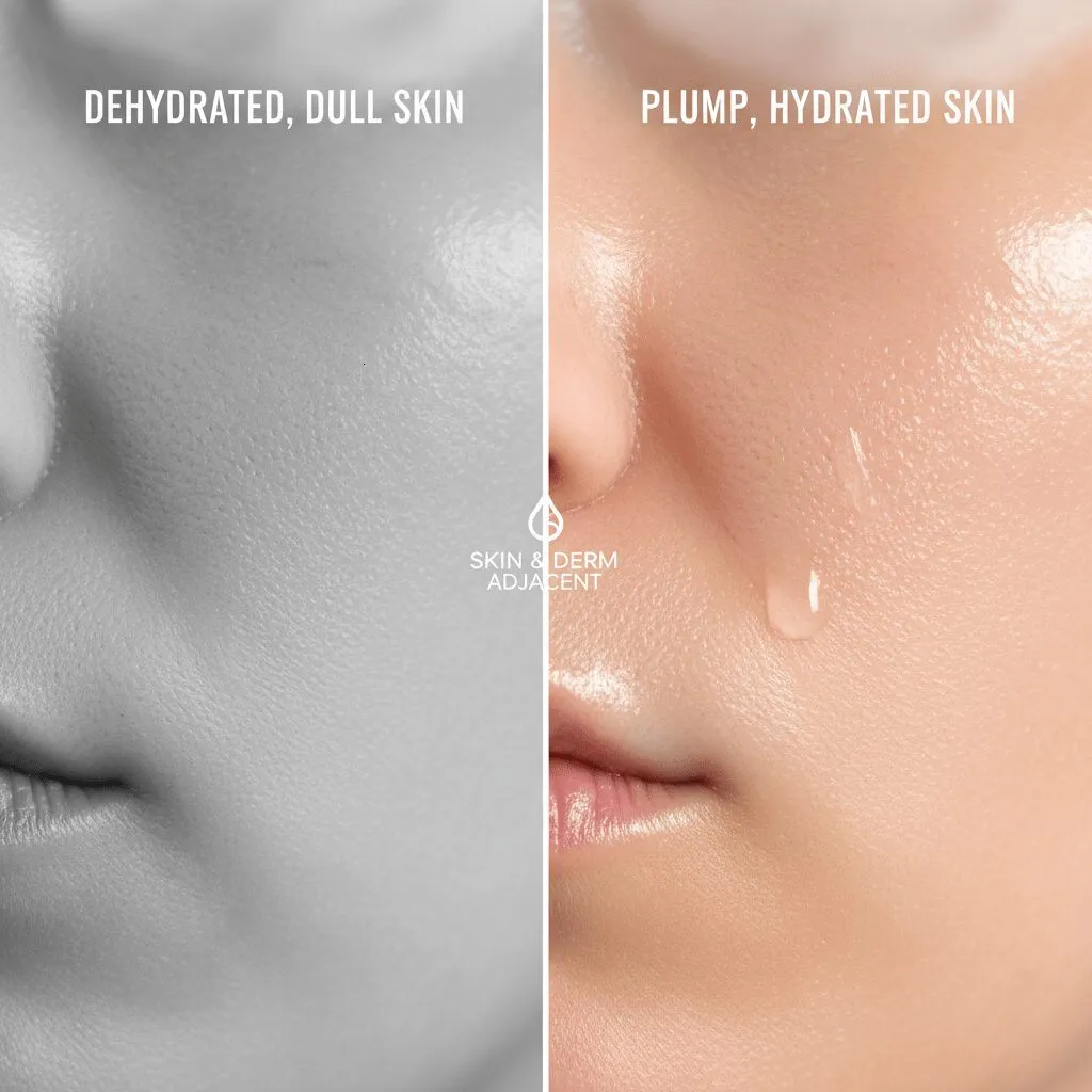 A split-screen comparison showing dehydrated, dull skin texture on the left versus plump, glowing, hydrated skin texture on the right after hyaluronic acid application.