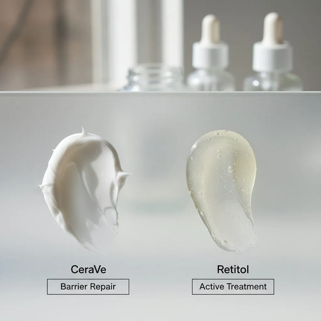 A product texture comparison shot showing a smear of thick white cream (CeraVe) next to a lightweight yellow-tinted gel serum (Retinol), labeled 'Barrier Repair' vs 'Active Treatment'.