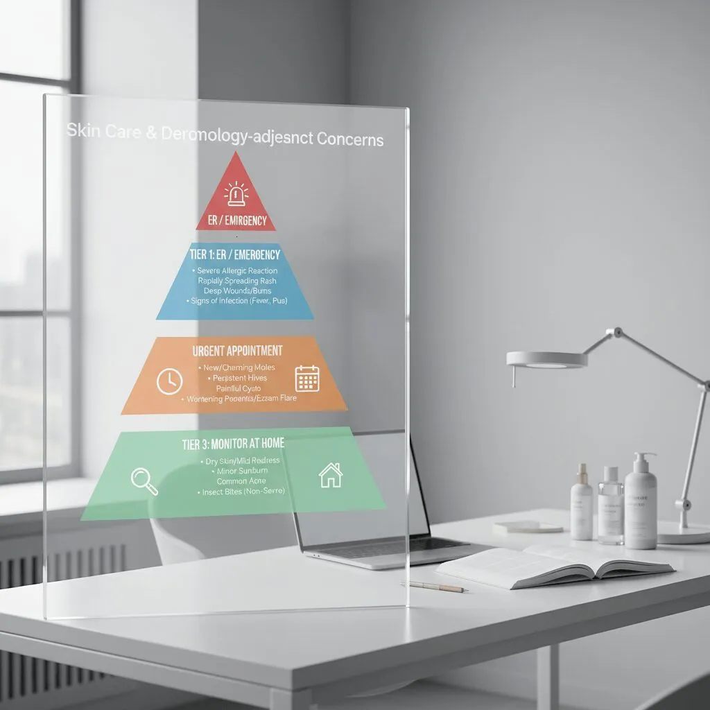 A clean, modern infographic illustrating a 3-tier triage pyramid: Tier 1 (ER/Emergency), Tier 2 (Urgent Appointment), Tier 3 (Monitor at Home)