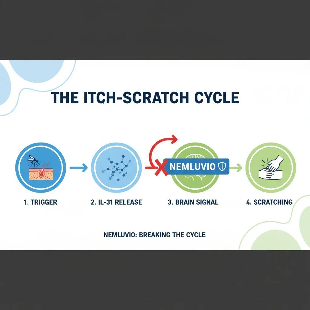 An infographic explaining the "Itch-Scratch Cycle." Step 1: Trigger, Step 2: IL-31 Release, Step 3: Brain Signal, Step 4: Scratching. Nemluvio is shown blocking the arrow between Step 2 and Step 3.