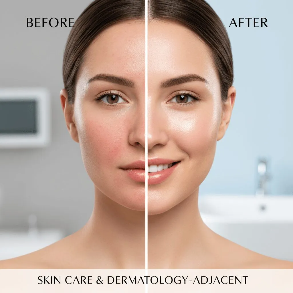 A split-screen comparison showing a woman's face with inflamed, dull skin on the left and radiant, hydrated skin on the right, highlighting the 'glass skin' effect.