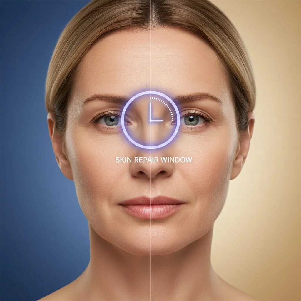 A close-up split screen comparison showing a woman's face with fine lines on the left and smoother skin on the right, overlaid with a clock icon showing 11:00 PM to 4:00 AM to represent the skin repair window.